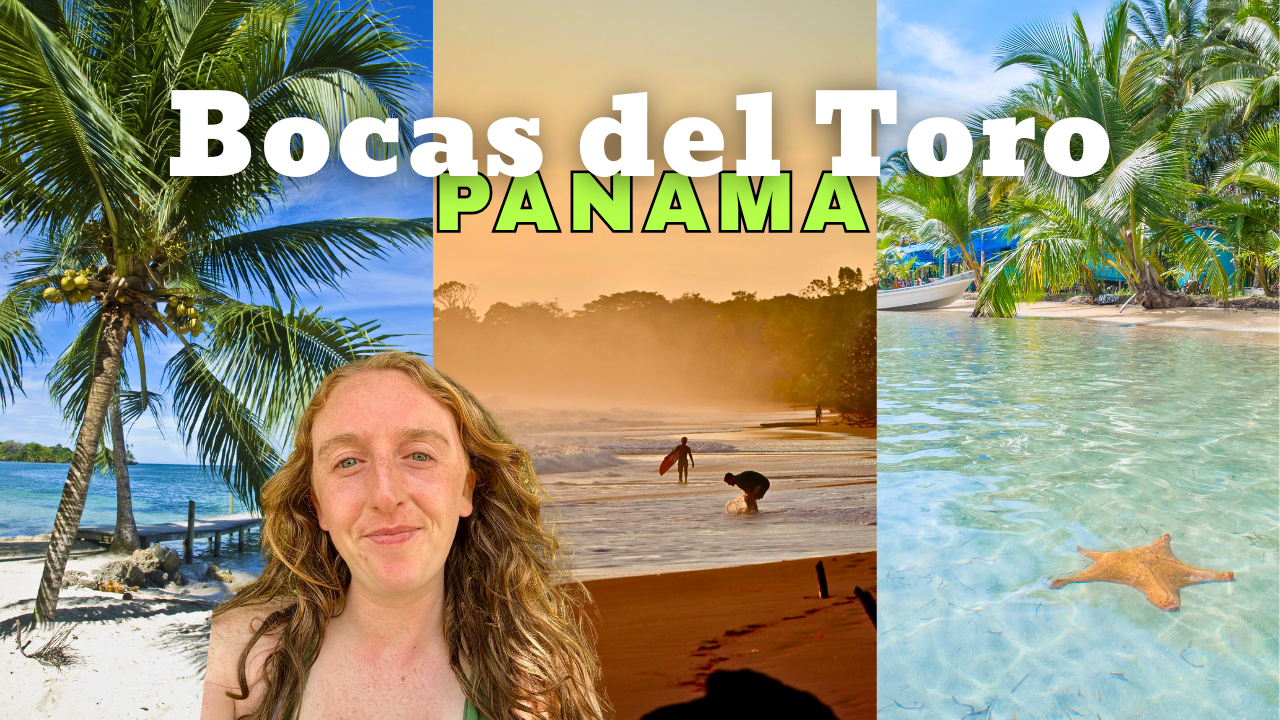 Collage of three tropical beach scenes with palm trees, sandy shores, and clear water, featuring a woman with long curly hair in the foreground and the text 'Bocas del Toro PANAMA'.
