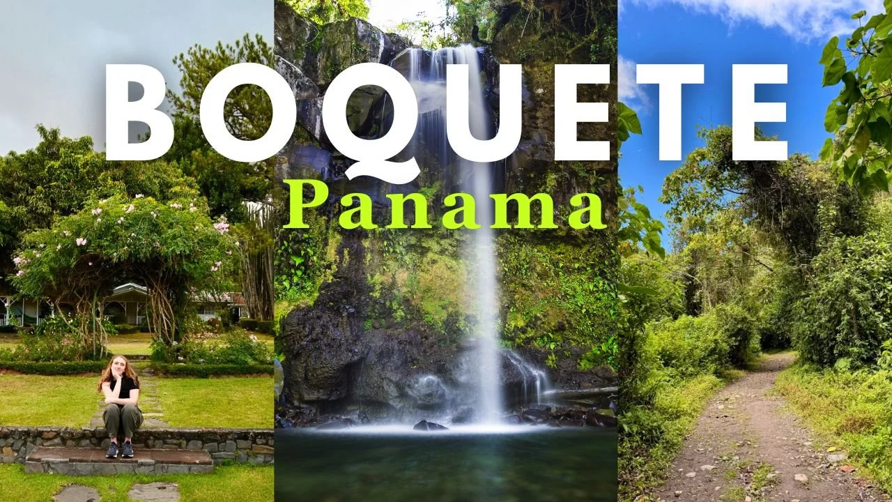 Collage of three images showing Boquete, Panama: a woman sitting on grass in front of trees, a waterfall in a lush green forest, and a dirt trail through dense greenery with blue sky overhead.