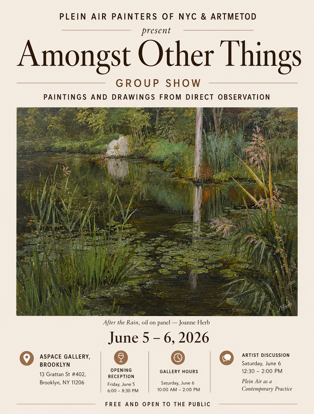 Poster for art exhibition titled 'Amongst Other Things' by Plein Air Painters of NYC & ArtMed, featuring an oil painting of a pond with water lilies and plants, with event details and location.