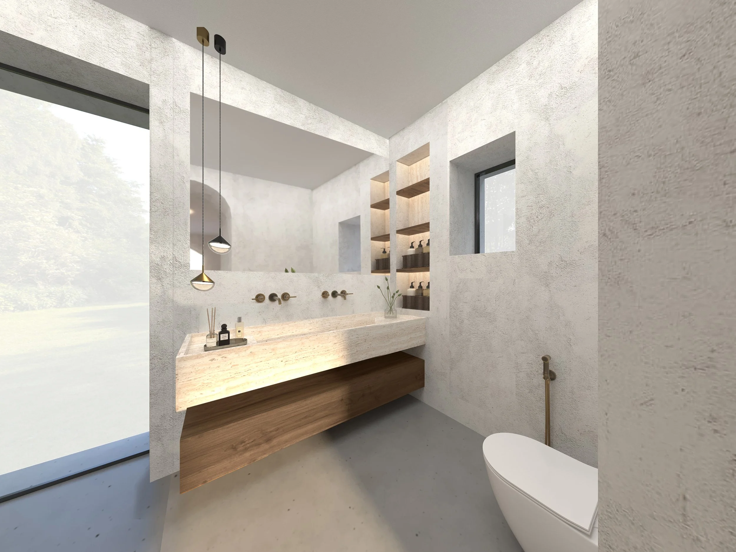 Modern minimalist bathroom with a large mirror, floating wooden vanity, open shelves, and a sleek toilet. Decorative items and pendant lighting add design elements. Large window provides natural light.