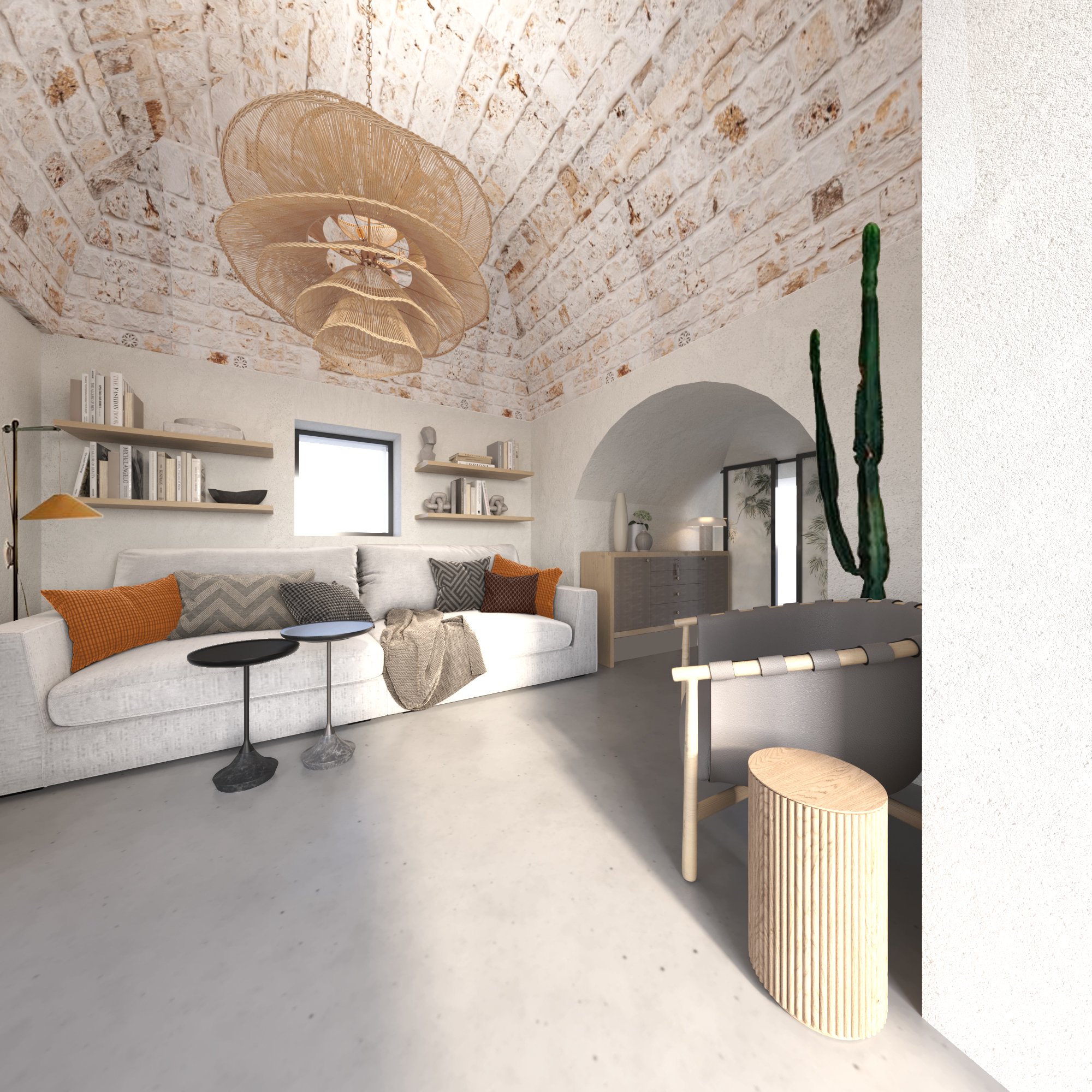 Modern living room with a vaulted brick ceiling, white sofa, orange and gray cushions, minimalist decor, shelves with books and ornaments, a woven ceiling light, large cactus, and natural light from a small window and an open doorway.