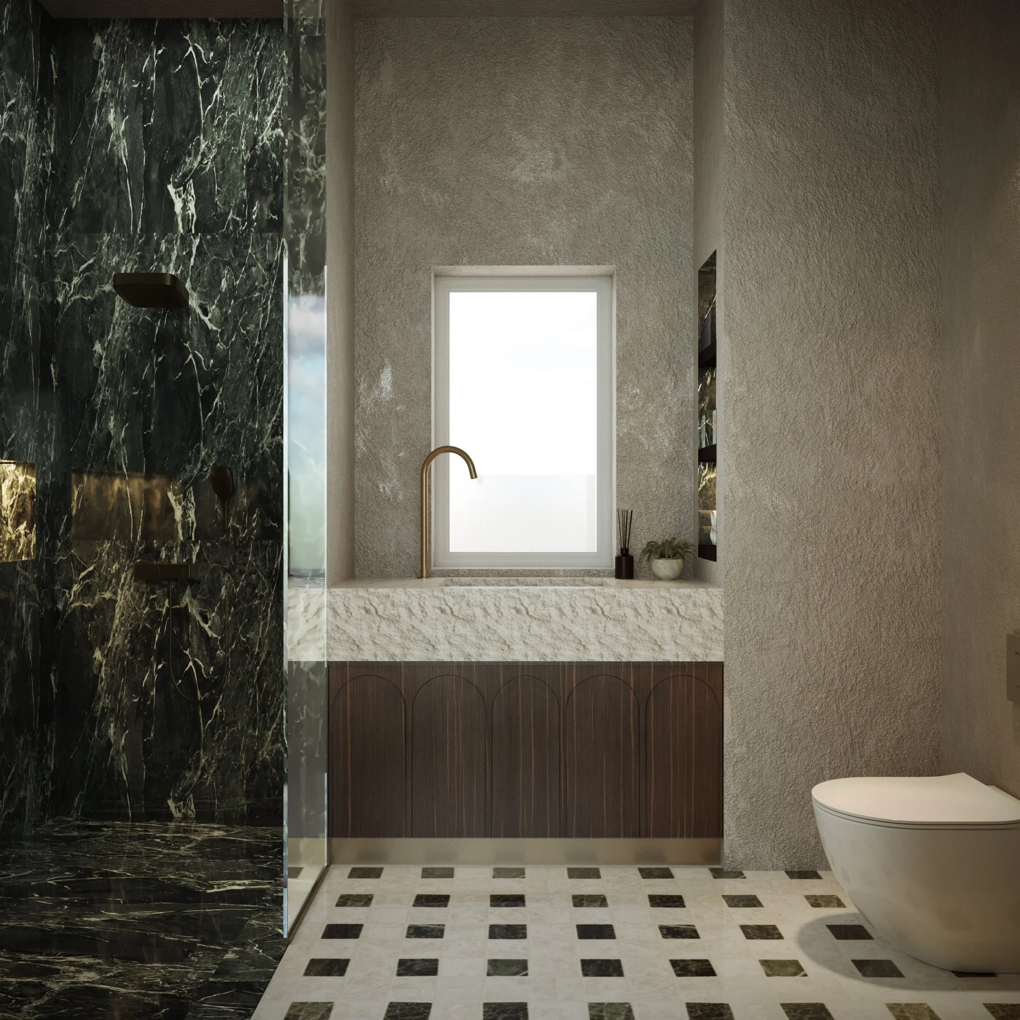 Modern bathroom with a marble shower, a wooden vanity with a white stone countertop, a window above the sink, a potted plant and reed diffuser, and a wall-mounted toilet, with patterned tile flooring.
