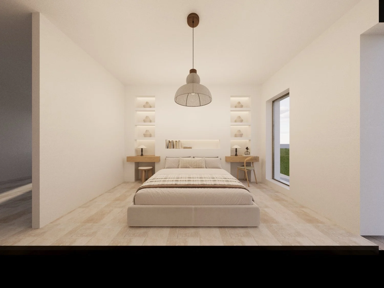 Minimalist bedroom with white walls, a bed with neutral bedding, built-in shelves with decorative objects, two side tables with lamps, a hanging pendant light, and a large sliding glass door leading outside.