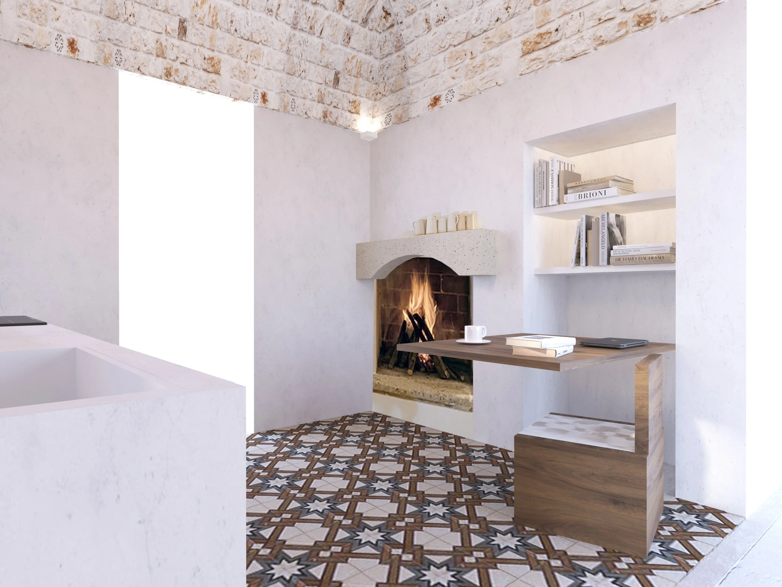 Modern interior with a fireplace, geometric patterned floor, white walls, and a wooden desk with a laptop and coffee cup.
