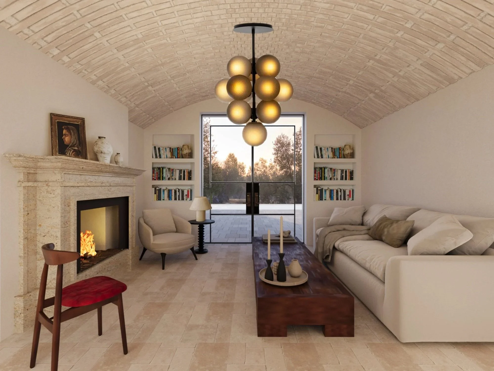 Living room with stone fireplace, beige sofa, armchair, wooden coffee table, bookshelf, modern chandelier, and large window showing trees outside.