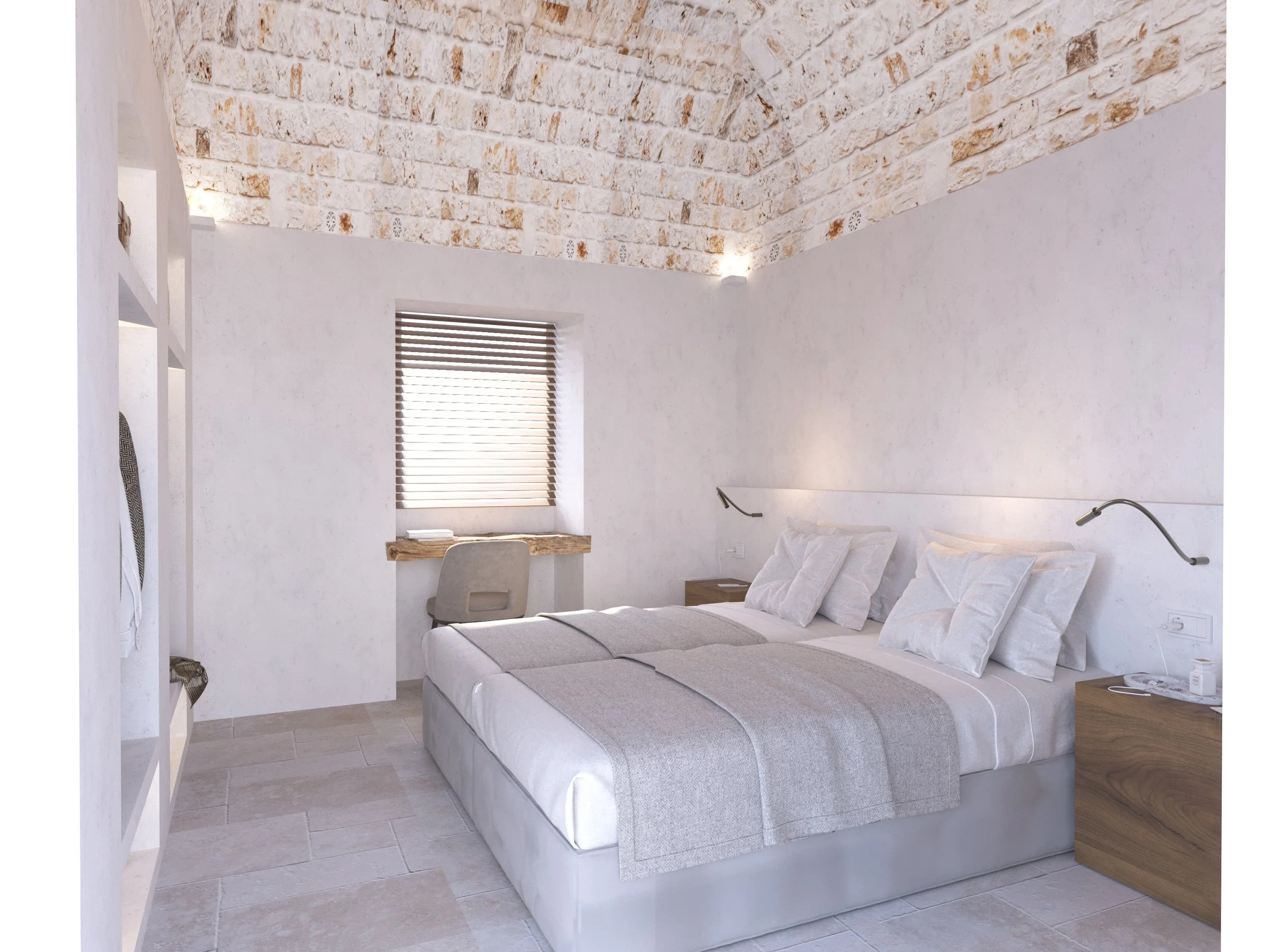 A modern bedroom with stone ceiling, featuring a neatly made double bed with gray bedding, wooden nightstands, and wall-mounted reading lights. There is a small desk with a chair beneath a window with wooden blinds. The room has a neutral color palette.