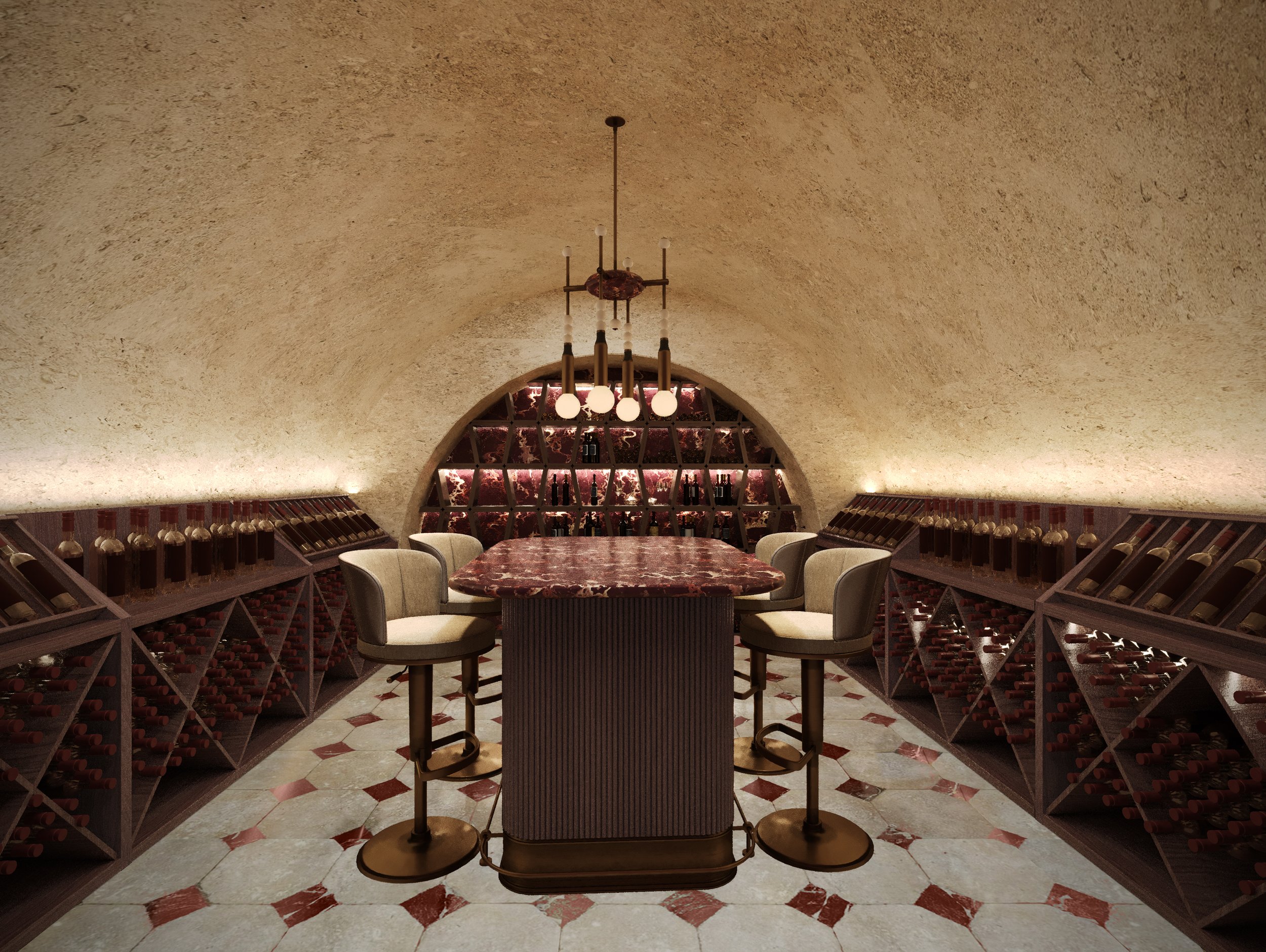 Luxurious wine cellar with a central table, surrounded by chairs, wine racks lining the curved walls, and a chandelier hanging from a vaulted ceiling.