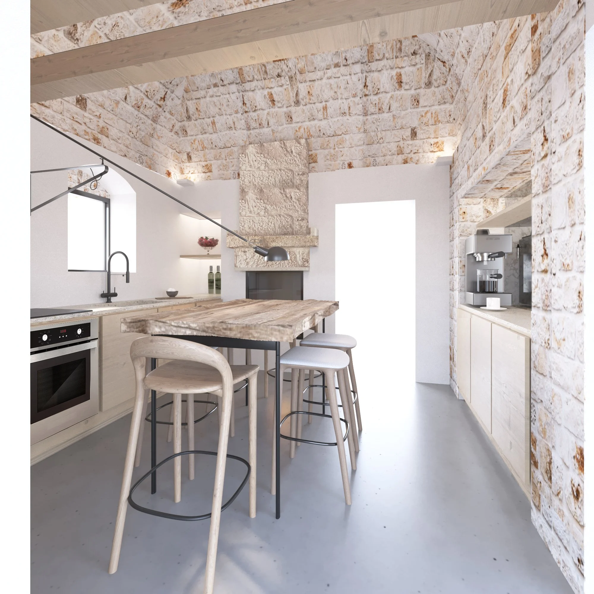 Modern rustic kitchen interior with stone walls, wood ceiling beams, and a wooden table. Features include a built-in oven, black faucet, kitchen cabinets, stools, and a coffee machine.