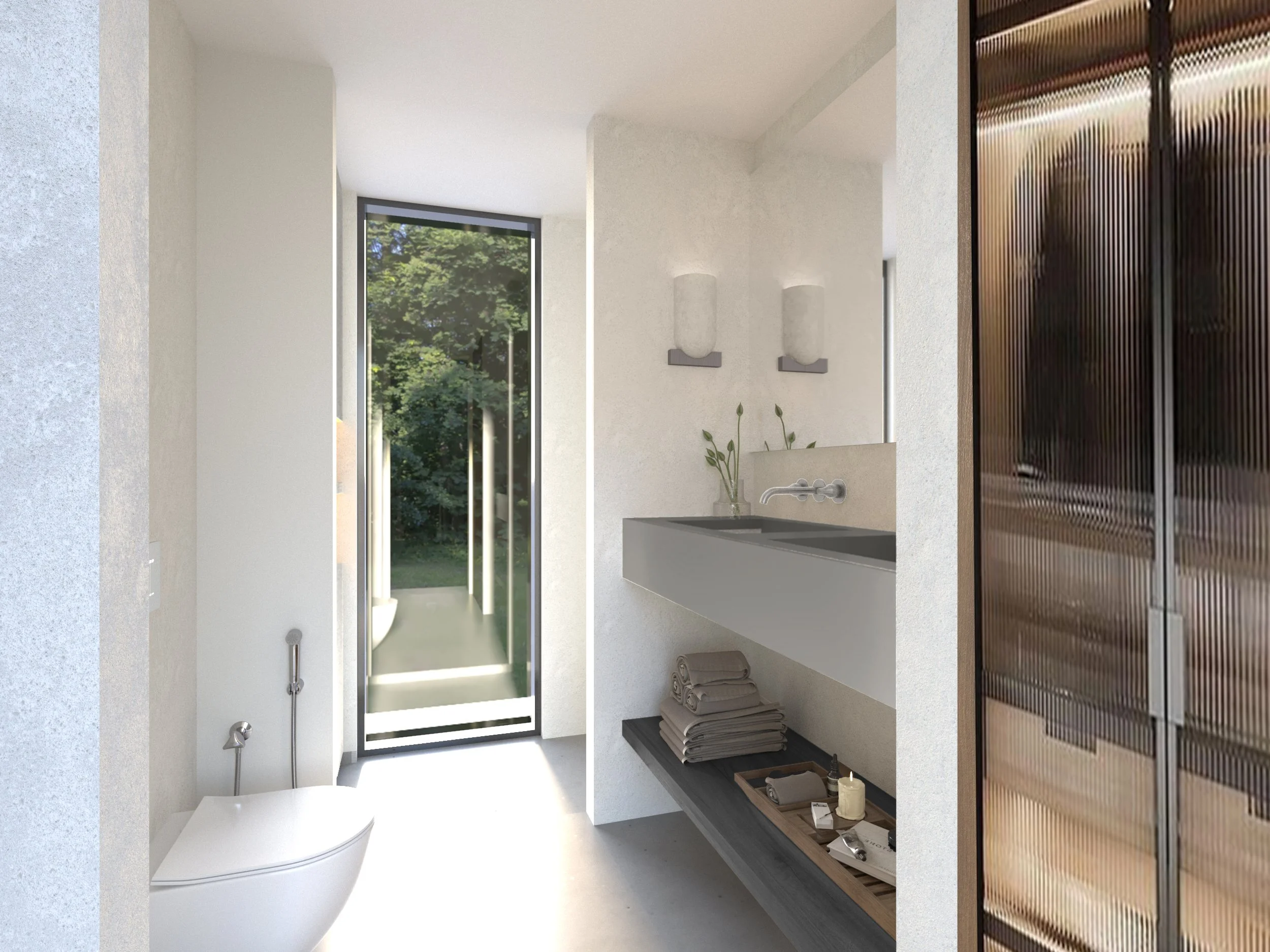Modern bathroom with a toilet, sink with mirror, glass shower door, and large window overlooking greenery.