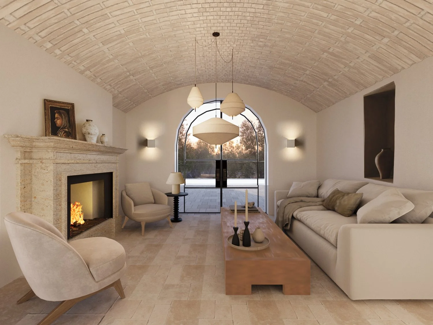 Living room with a beige stone fireplace, white walls, arched window, cream sofa, beige armchairs, wooden coffee table, hanging pendant lights, and decorative vases and artwork.