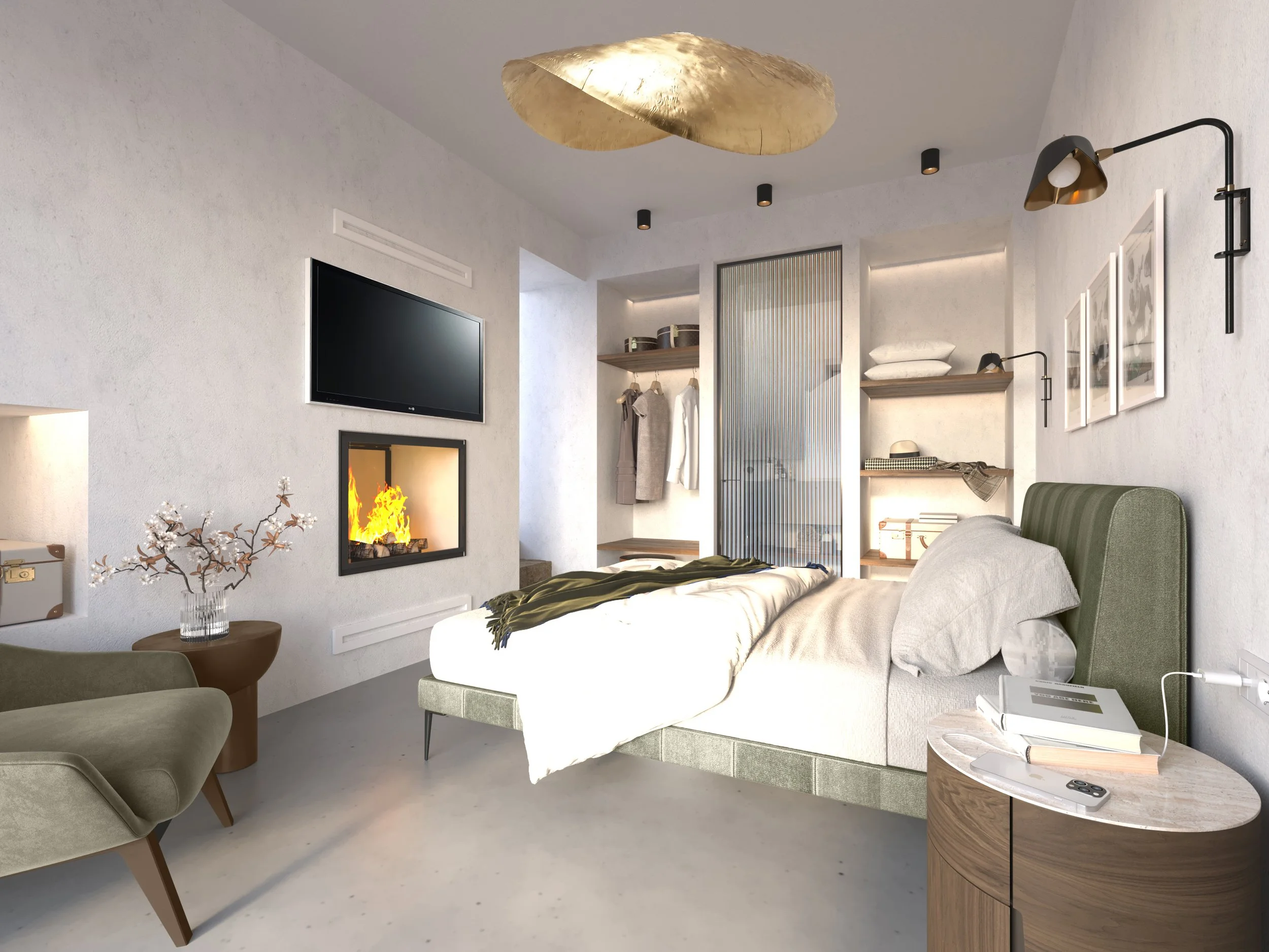 Modern bedroom with fireplace, wall-mounted TV, and light decor. Features include a green upholstered bed, nightstand with books, olive green chair, and open shelving with clothes. Neutral tones and soft lighting create a cozy atmosphere.