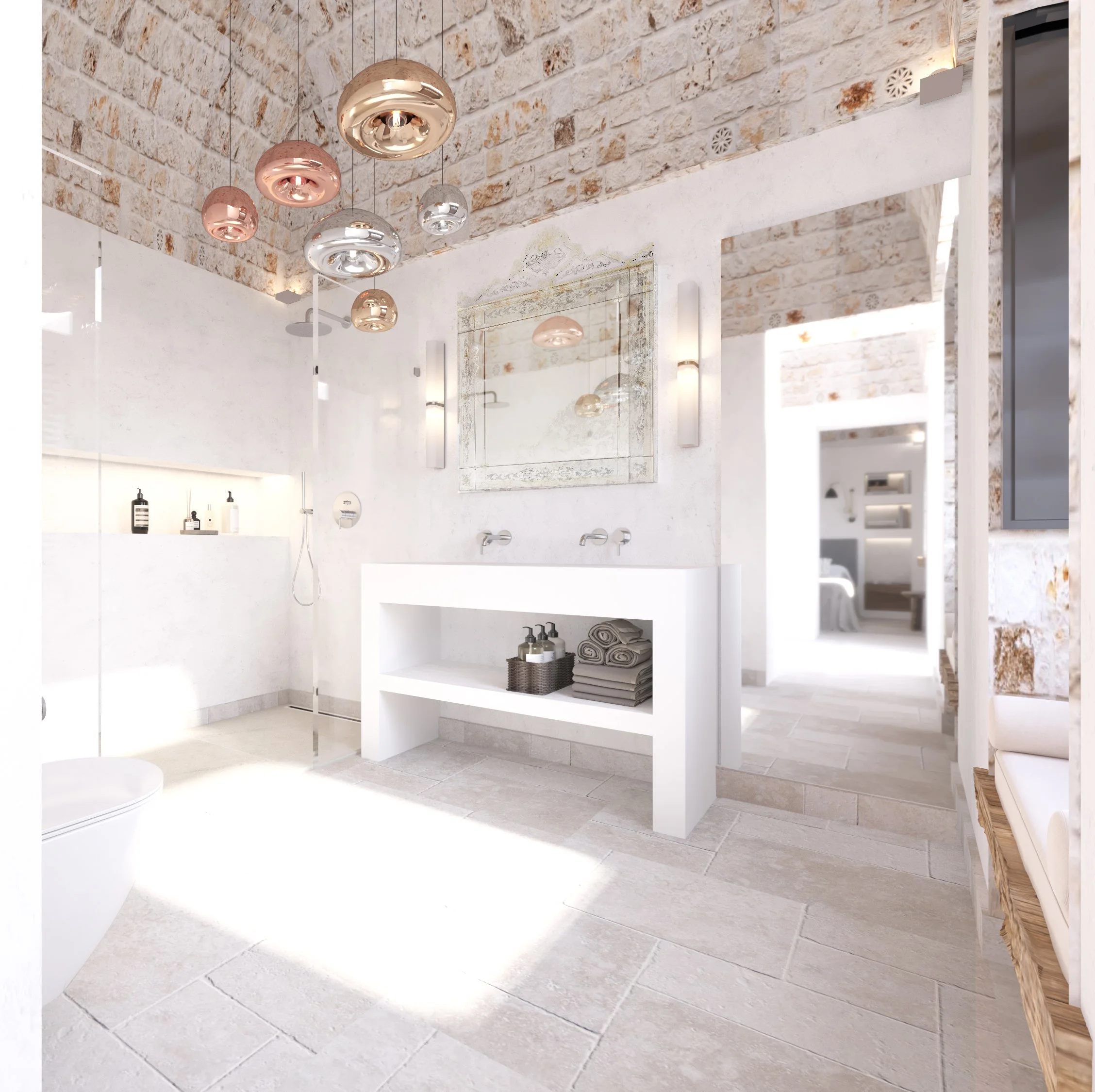 Modern bathroom with stone walls, large mirror, white double sink vanity, pendant lights, glass shower, and decorative elements.