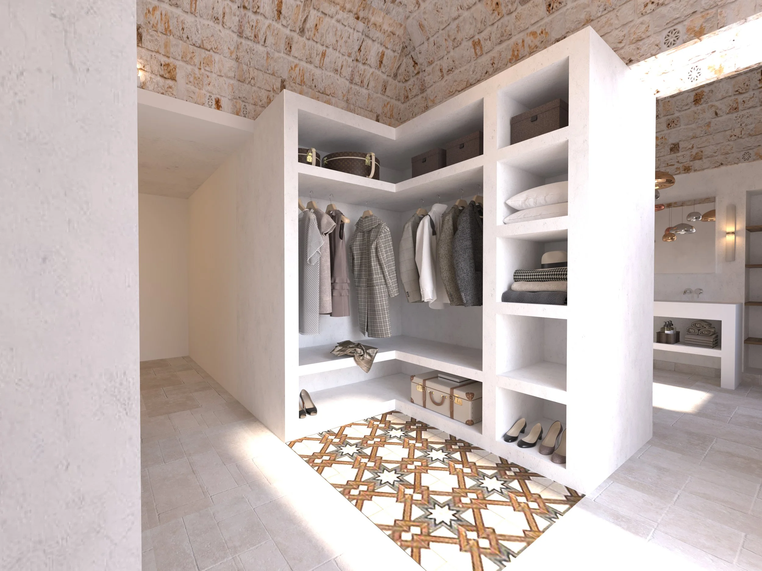 Modern walk-in closet with white shelving, hanging clothes, shoes, and boxes. Decorative tile floor and arched brick ceiling.