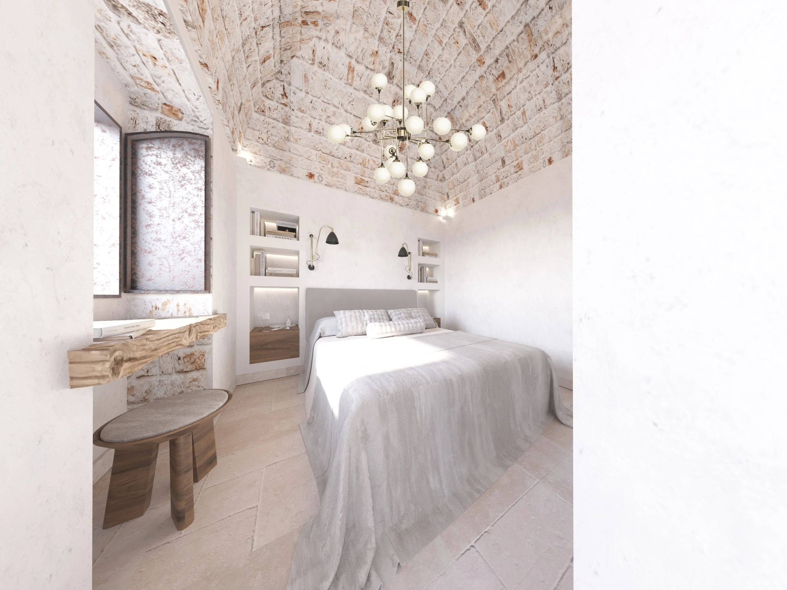 Stylish bedroom with a brick-arched ceiling, a modern chandelier, and a minimalist design. The room features a comfortable bed with white and gray linens, a wooden side table, built-in shelves with books, and a rustic wooden desk.