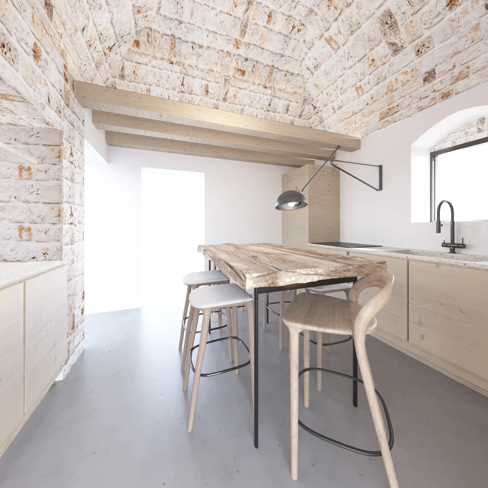 Modern kitchen with arched brick ceiling, wooden beams, and rustic wood table surrounded by stools. Features minimalist cabinetry, large window, and industrial-style pendant light.