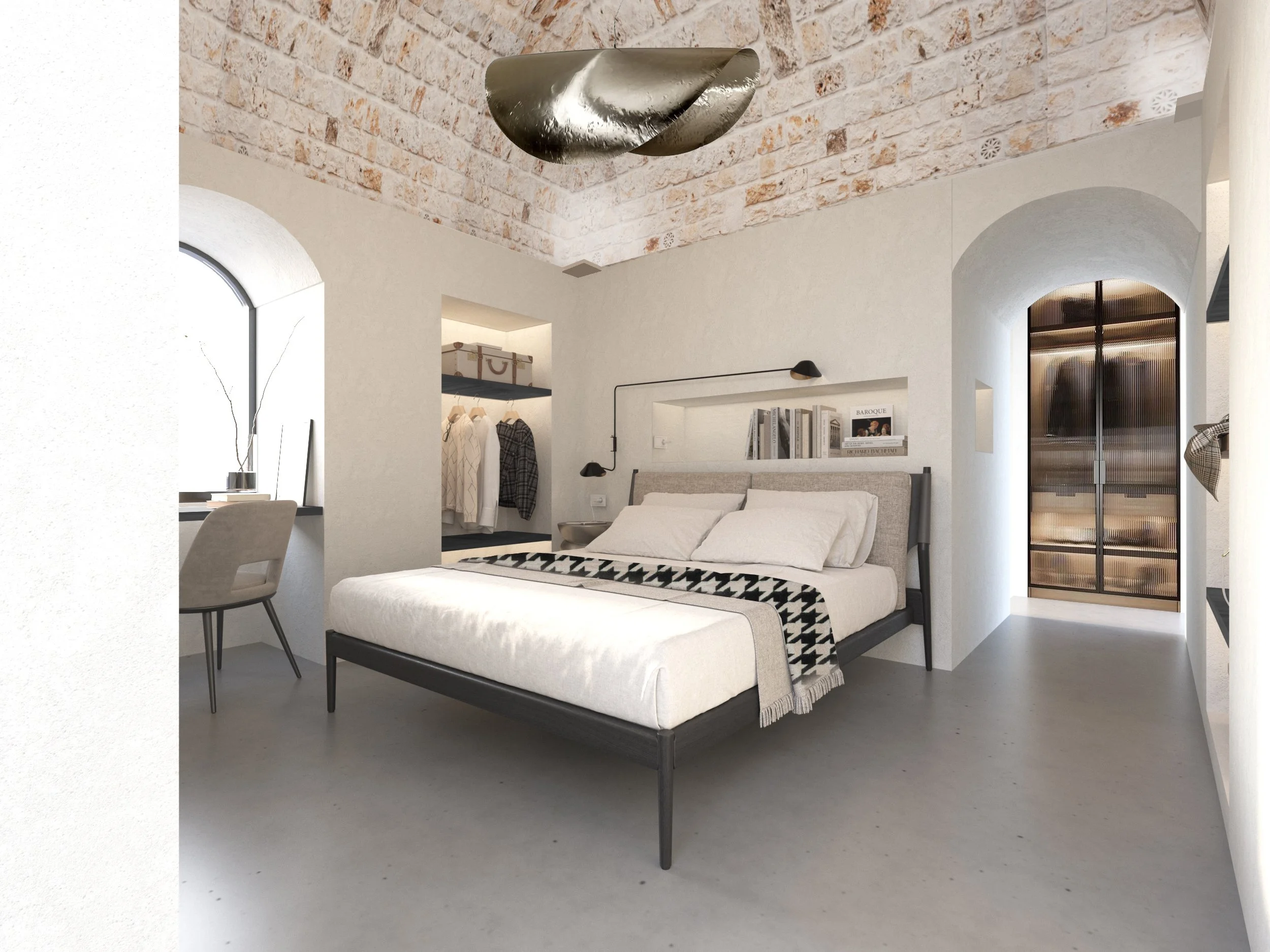 Modern bedroom with a minimalist design, featuring a bed with white bedding, stone brick ceiling, and open closet with clothes. There is a window with a desk and chair, and a contemporary light fixture above.
