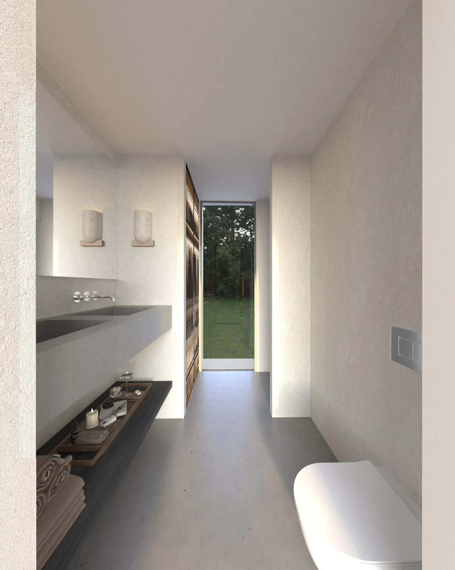 Modern bathroom with a minimalist design, featuring a wall-mounted sink, countertop with toiletries, folded towels, and a wall-mounted toilet. A large window at the end reveals a view of greenery outside, enhancing natural light.