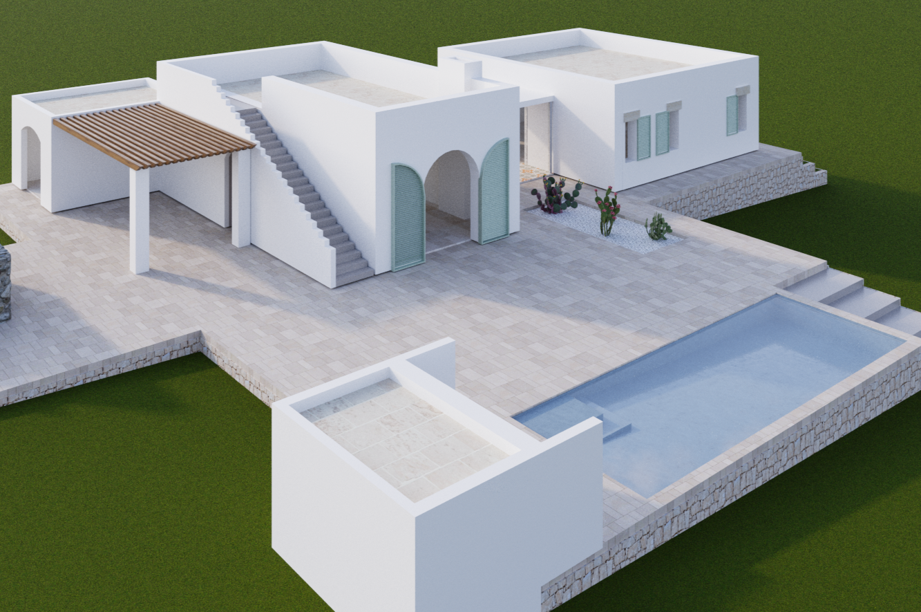 Modern white villa with outdoor patio, pool, stairs, and garden with cacti.