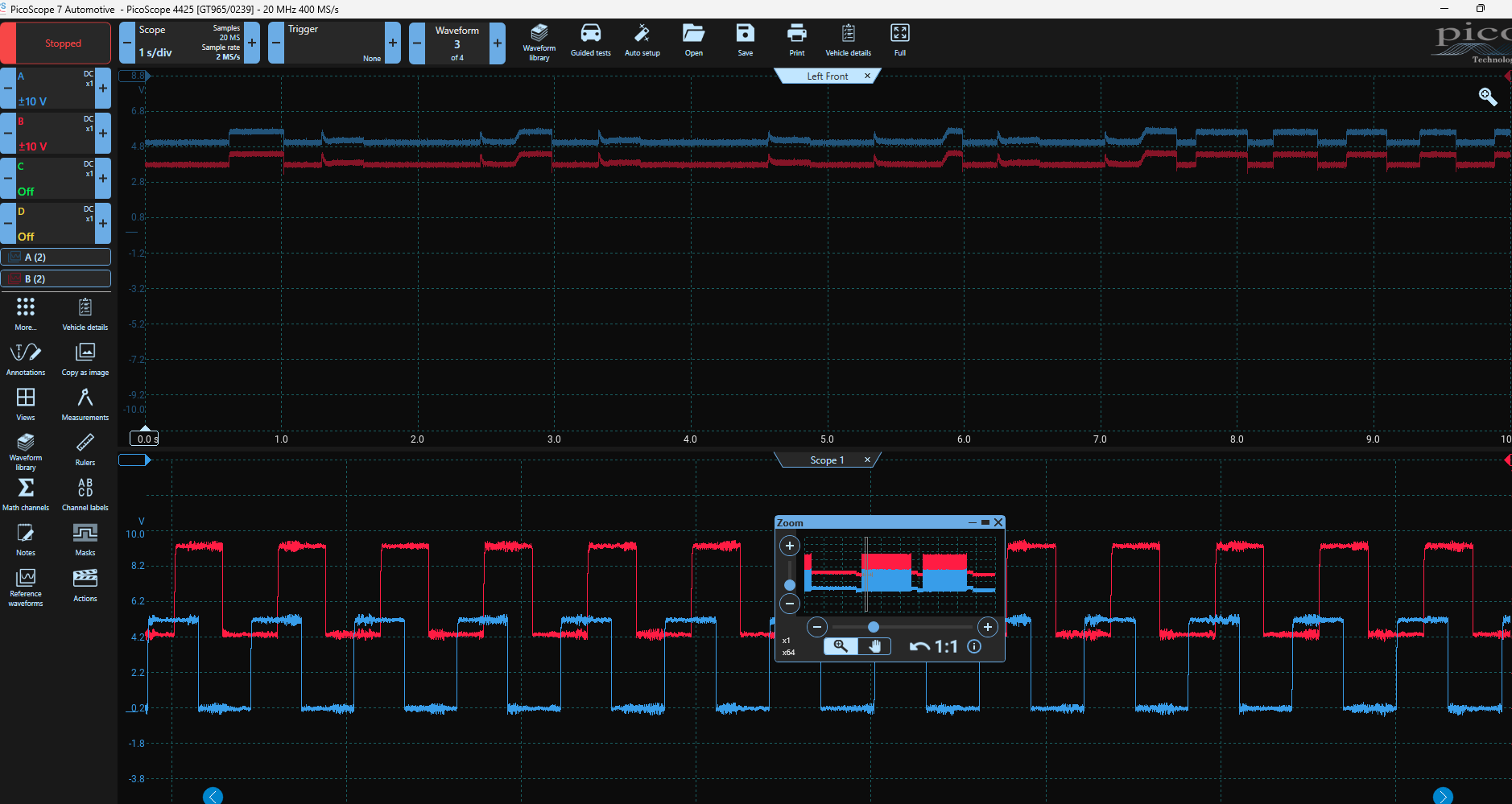 In this capture, I am back probed at both Hall effect signal wires coming out of the motor. The top waveform is the live vehicle. The bottom capture is also the live vehicle (but of the vehicle fixed and what it should look like. As you can see bo