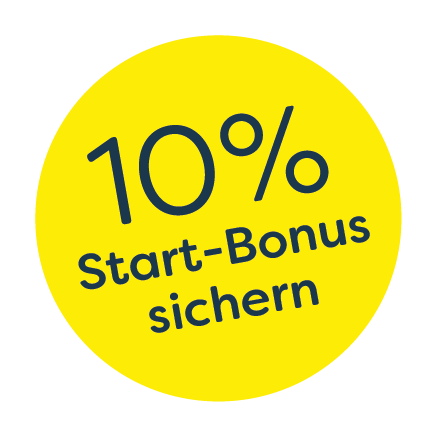 Gelbe Kreisscheibe mit schwarzen Text, der einen Start-Bonus von 10% zum Sichern anzeigt.