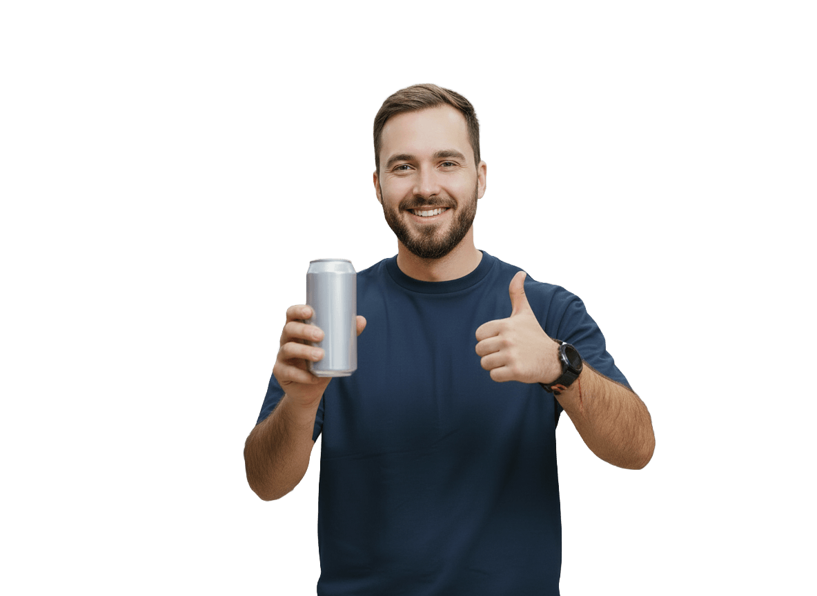 Ein lächelnder Mann mit kurzem Haar und Bart, der eine Dose in der Hand hält und mit Daumen nach oben zeigt.