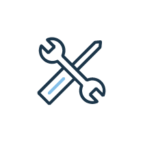 Symbol mit einem Schraubenschlüssel und einem Schraubenzieher, die sich kreuzen, in einem weißen Kreis auf blauem Hintergrund