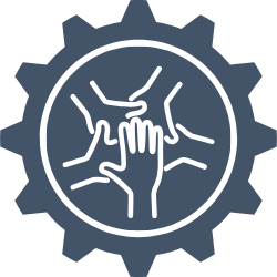 Multiple hands coming together in a unified clasp, encircled by a gear symbol, representing teamwork and collaboration.