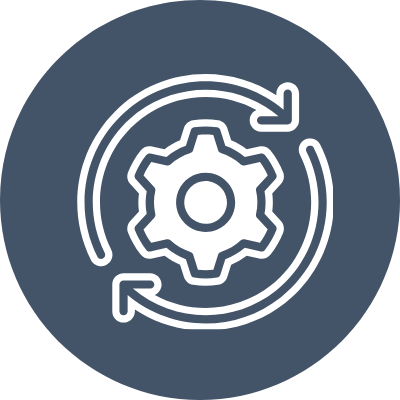 Circular icon with a gear in the center and two arrows forming a loop around it, representing settings or refresh.
