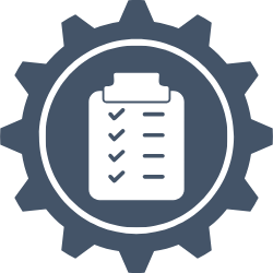 Icon of a clipboard with a checklist inside a gear.