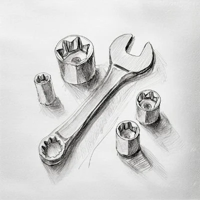 Sketch of a wrench and four socket tools on paper - workshop symbol
