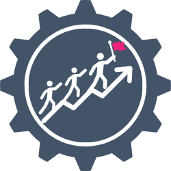 Illustration of three people ascending a ladder, with the top person holding a flag and an upward arrow, inside a gear outline.