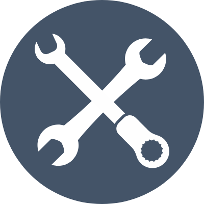 Icon of crossed wrench and screwdriver on a dark gray circular background.