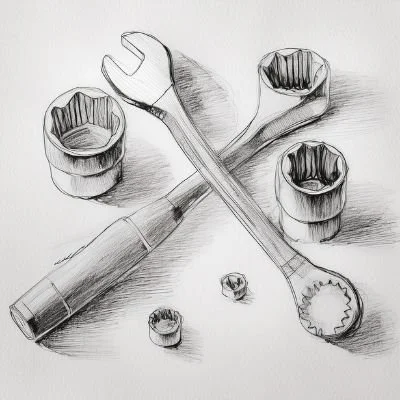 Drawing of a ratchet wrench, screwdriver, and three socket attachments - symbol for consulting tools