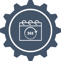 A gear with a calendar icon inside showing 365 days, representing a yearly or daily calendar or schedule.