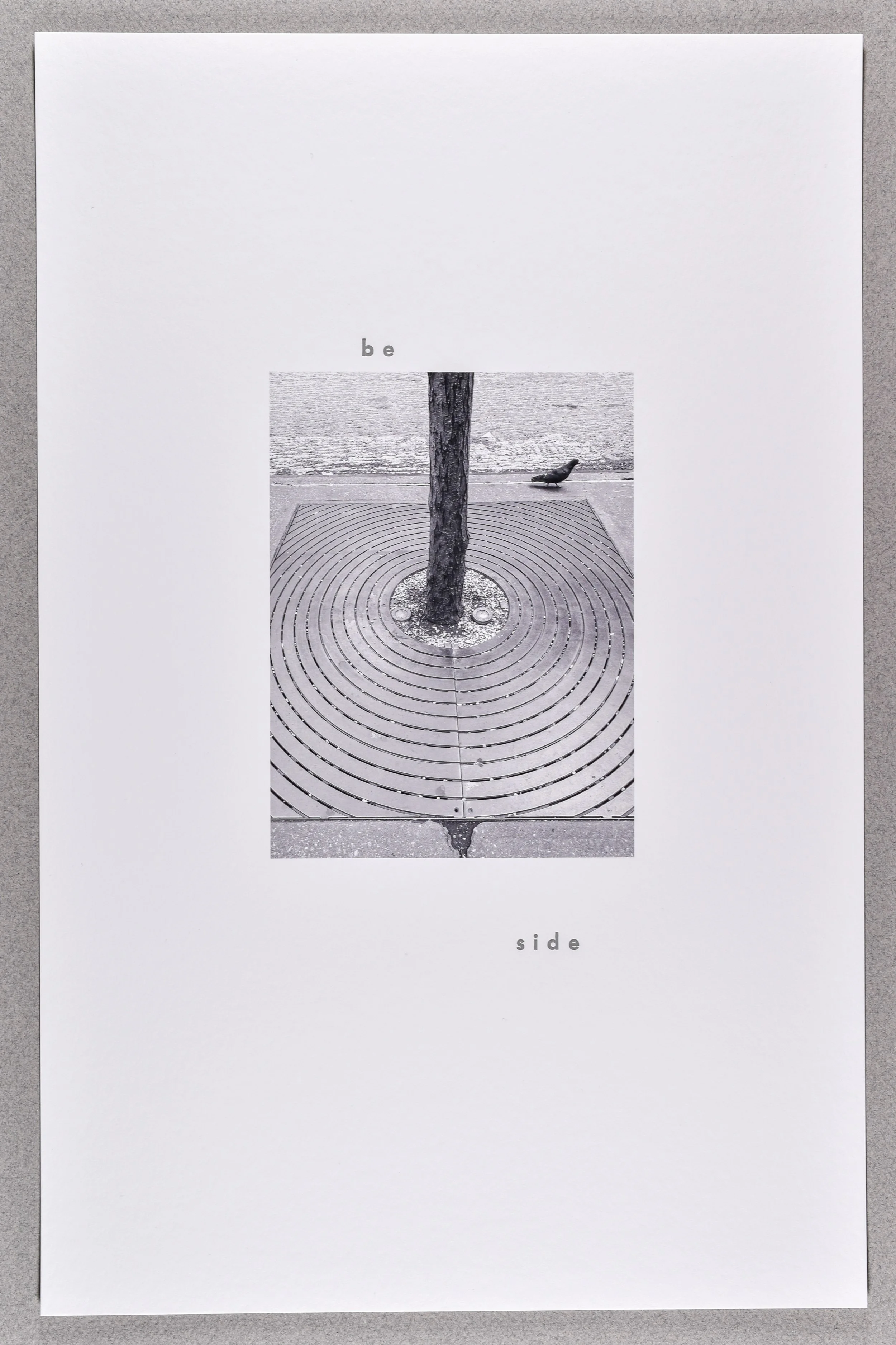 beside- from the series grates- , 2025, archival inkjet print with letterpress text, 17 x 11"