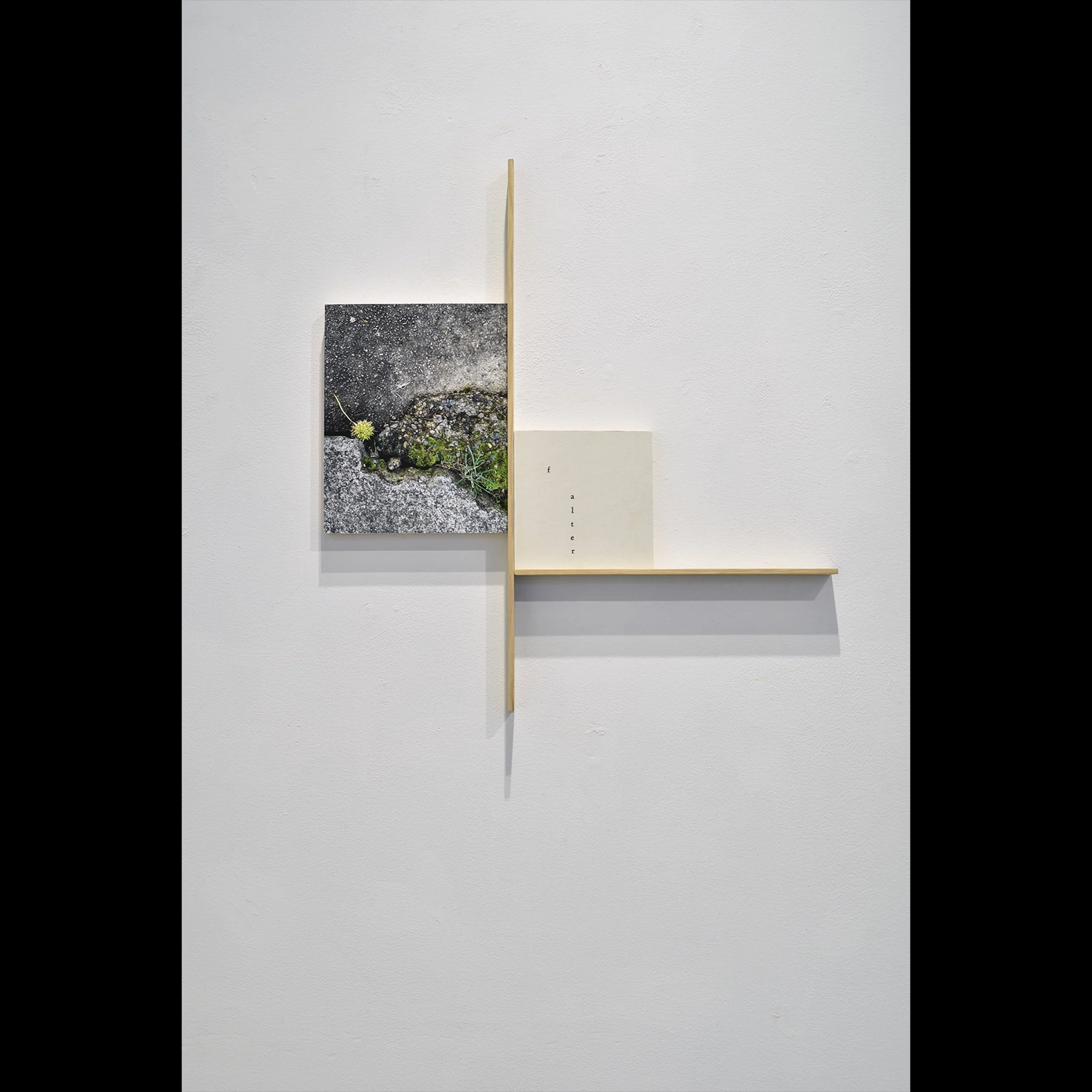 falter (construction) archival inkjet print and letterpress print mounted on wood panels with wood slats, 2026, 20 x 20" approx (right wall view)