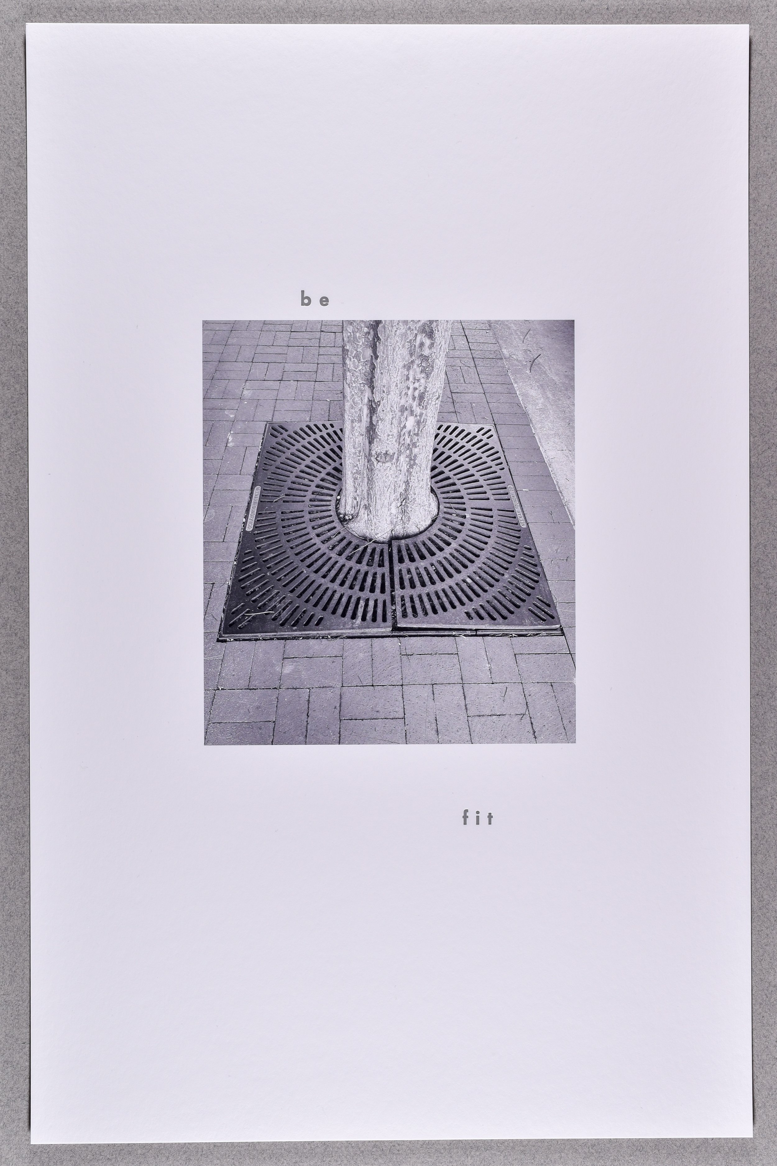 befit- from the series grates- , 2025, archival inkjet print with letterpress text, 17 x 11"
