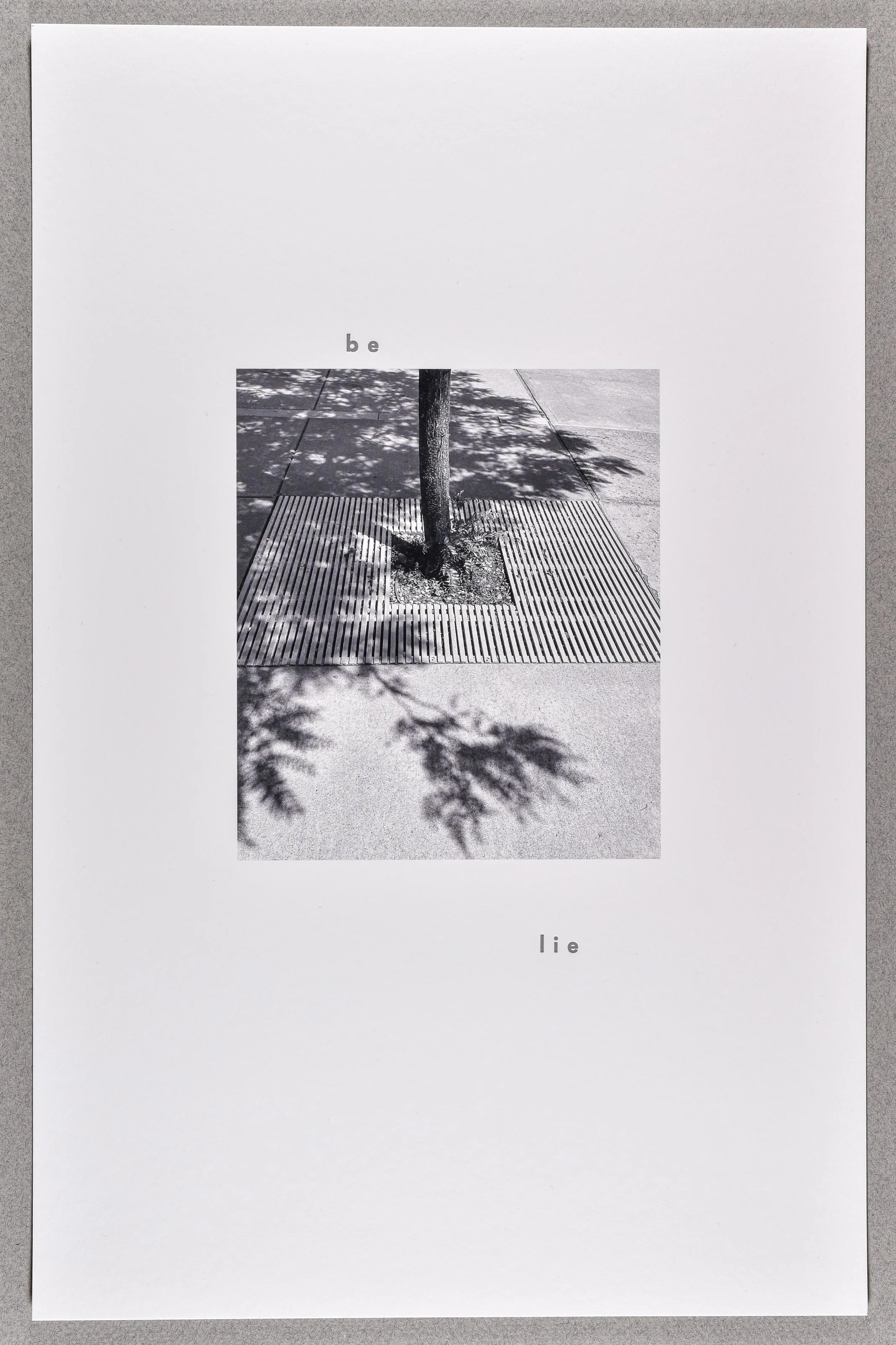 belie- from the series grates- , 2025, archival inkjet print with letterpress text, 17 x 11"