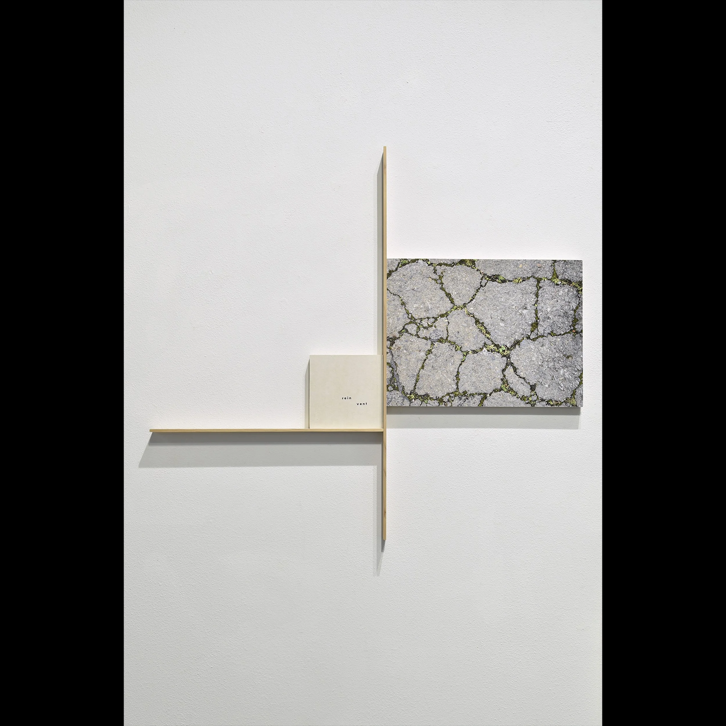 rein vent (construction) 2026, archival inkjet print and letterpress print mounted on wood panels with wood slats, 24 x 30" approx