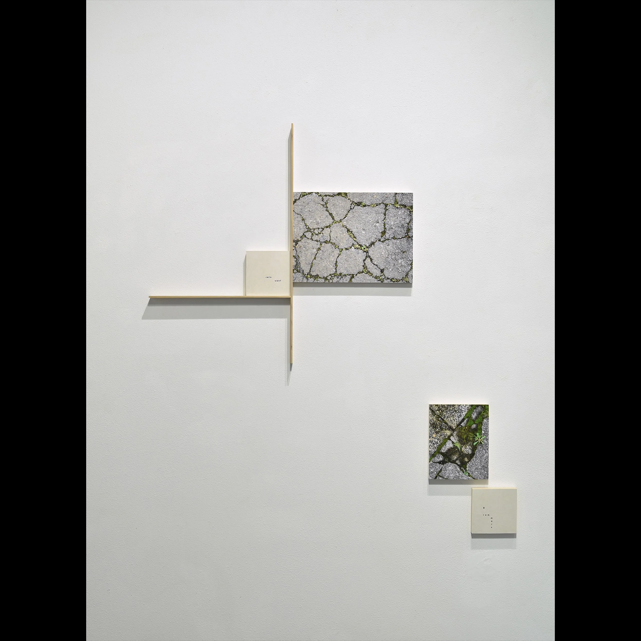 rein vent (construction), archival inkjet print and letterpress print mounted on wood panels with wood slats, 2026, 24 x 30" approx. and grammars (diptych), 20206, archival inkjet print and letterpress print mounted on wood panels, 20 x 16" approx (i