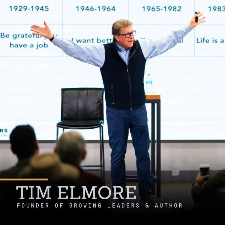 Tim Elmore, founder of Growing Leaders and author, giving a presentation in front of a large screen displaying a timeline from 1929 to 1983 with text about gratitude and life. He is gesturing with his arms wide open, wearing glasses, a light blue shi