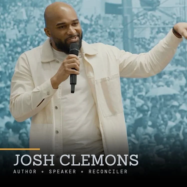 A man speaking into a microphone with a cityscape background, displaying text: Josh Clemons, author, speaker, reconcilier.
