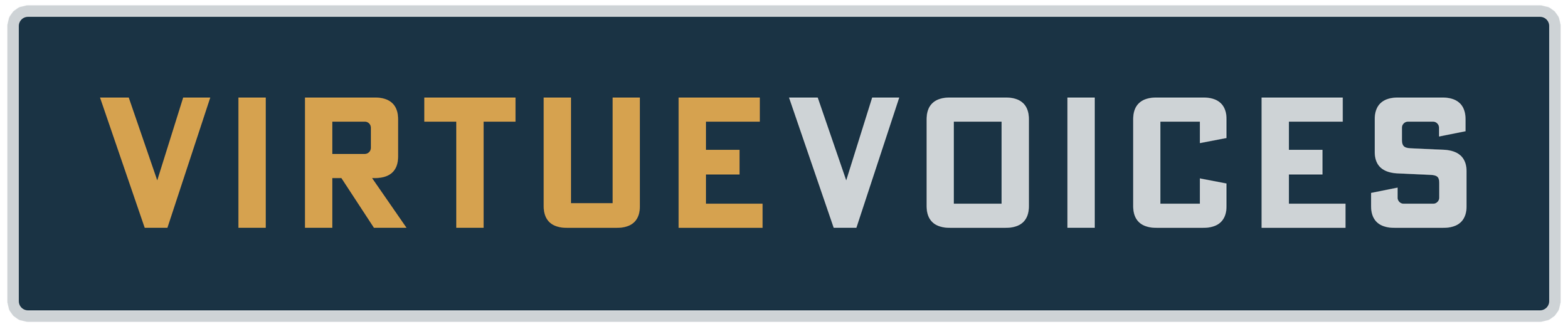 A rectangular sign with a navy blue background, displaying the words 'VIRTUE VOICES' in large, bold letters with 'VIRTUE' in gold and 'VOICES' in gray.