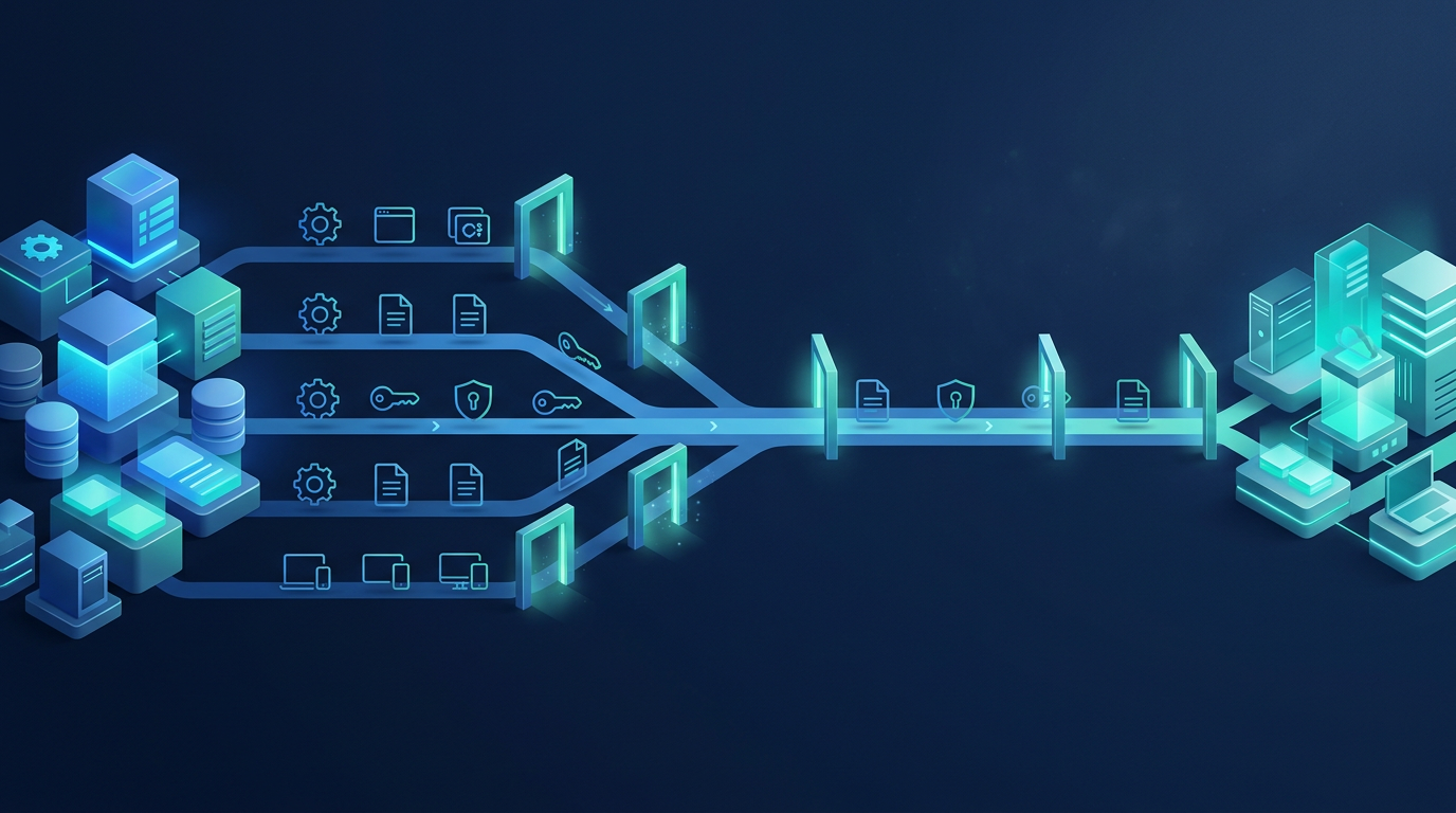 Conceptual illustration of applications, data, and identity moving through controlled migration checkpoints.