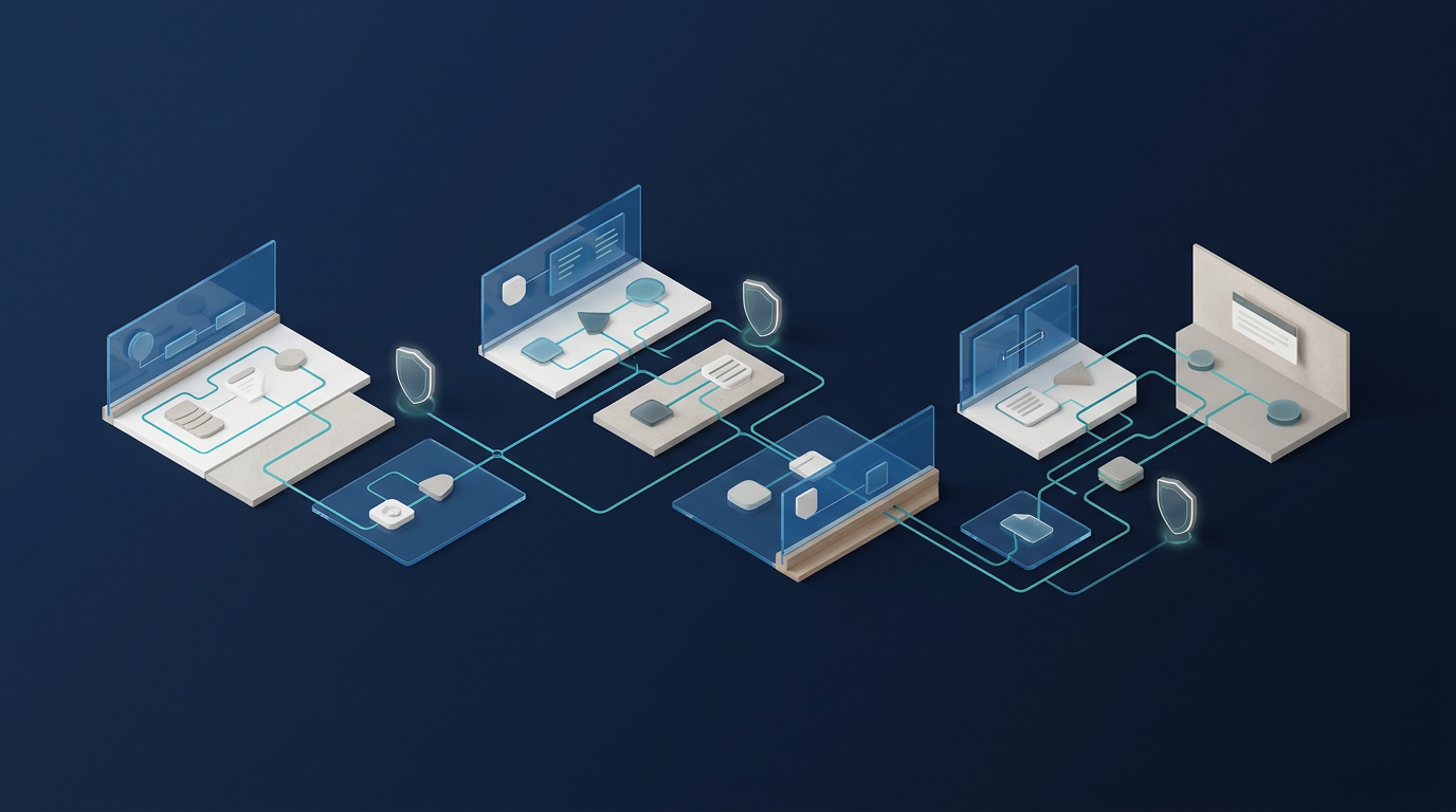 Illustrative solution blueprint with connected platform modules, data paths, and governance checkpoints in blue and teal.