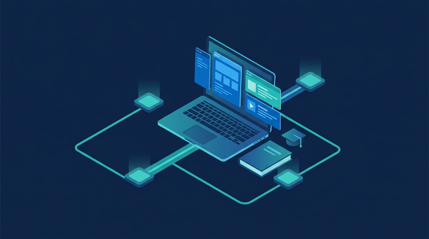 Illustrative learning workspace with practical exercise modules and connected knowledge resources in blue and teal.