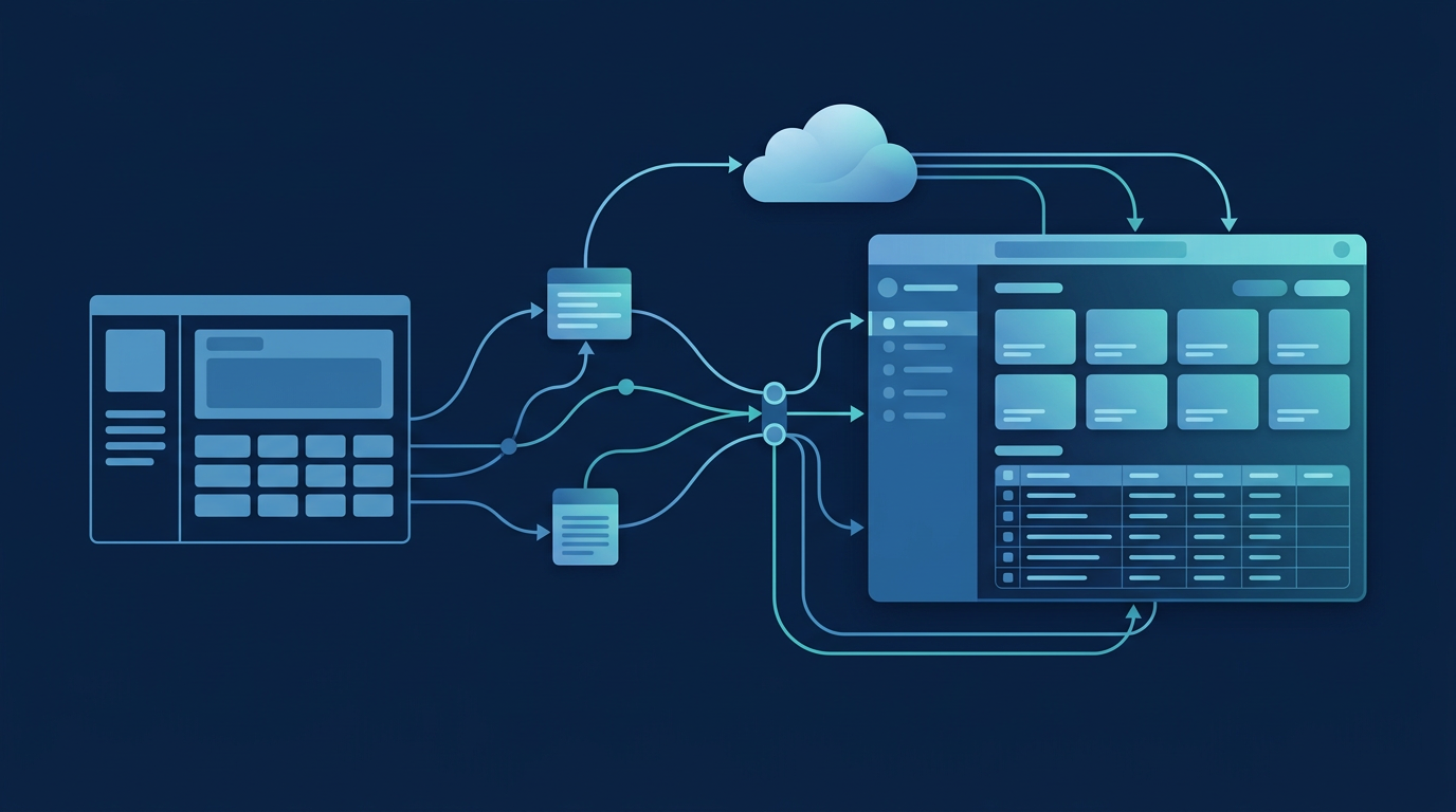Illustrative concept of a legacy application evolving into a modern enterprise application connected to data, integrations, and cloud services.