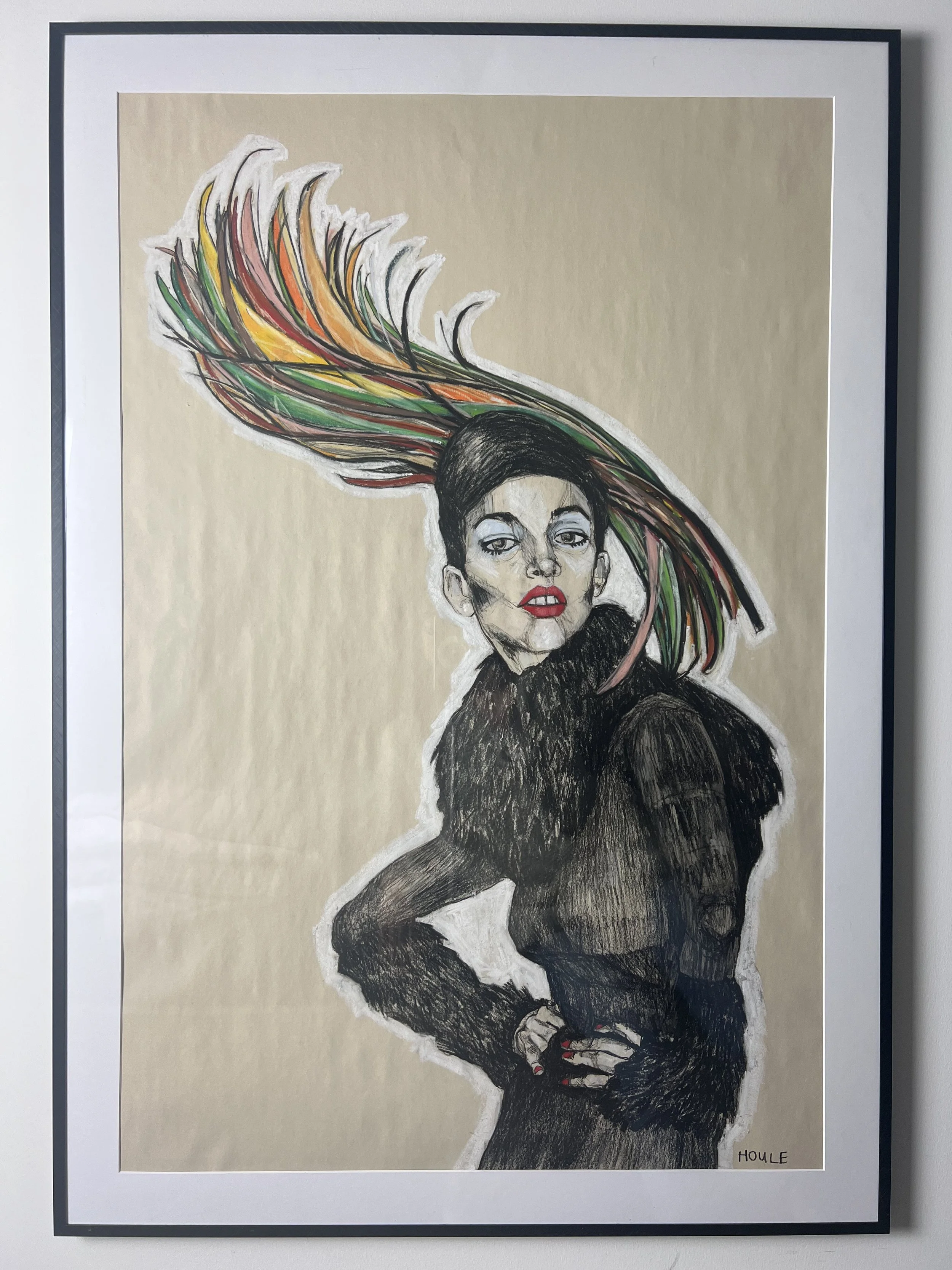 Ploomy, 28x40, Charcoal/pastel on newsprint paper, Aluminum poster frame w/ plexiglass (there may be scuffs/scratches from exhibition travel, reframe if ya like).