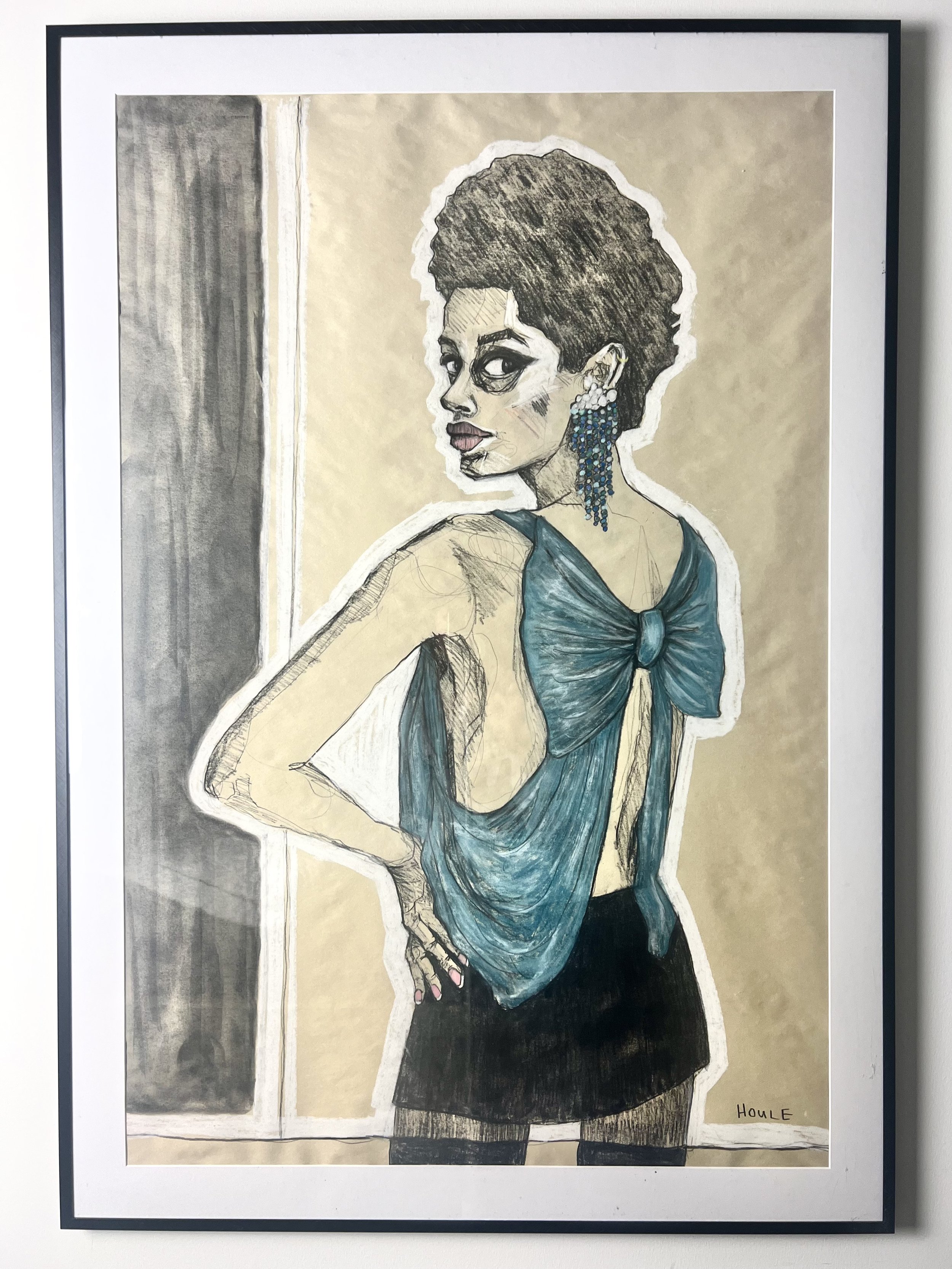 Bowie, 28x40, Charcoal/pastel on newsprint paper, Aluminum poster frame w/ plexiglass (there may be scuffs/scratches from exhibition travel, reframe if ya like).