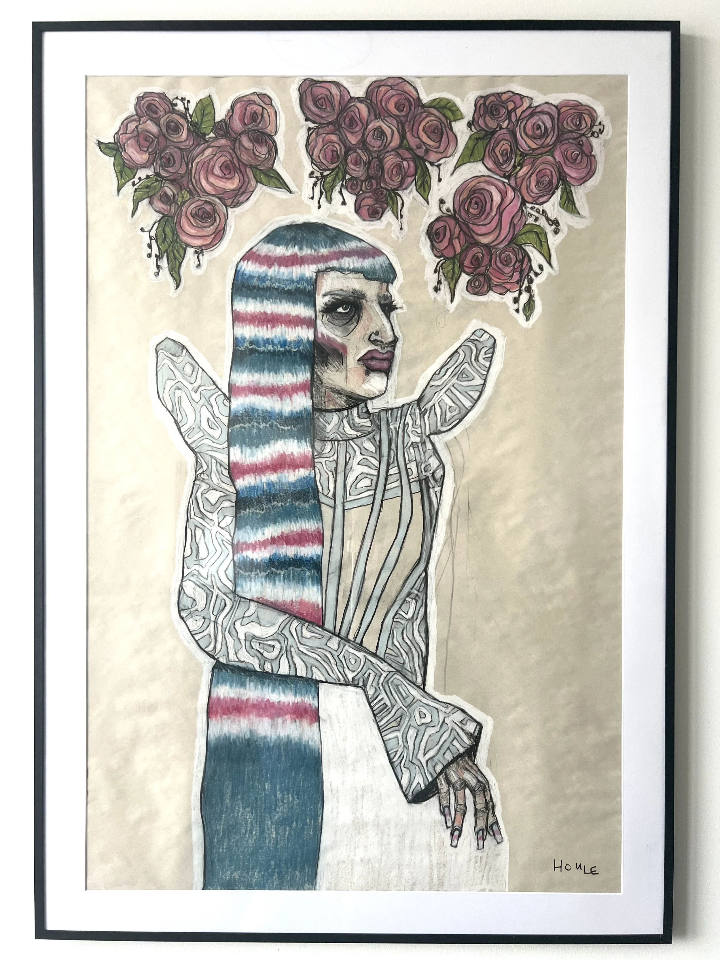 Rosie, 28x40, Charcoal/pastel on newsprint paper, Aluminum poster frame w/ plexiglass (there may be scuffs/scratches from exhibition travel, reframe if ya like).